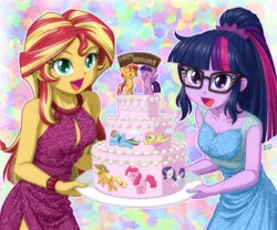 Size: 1200x997 | Tagged: safe, artist:uotapo, derpibooru import, applejack, fluttershy, pinkie pie, rainbow dash, rarity, sci-twi, sunset shimmer, twilight sparkle, twilight sparkle (alicorn), pony, equestria girls, bipedal, birthday, birthday cake, cake, clothes, colored pupils, cute, dessert, dress, duo, eyes closed, flying, food, glasses, happy, happy birthday, looking at you, mane six, open mouth, plate, pronking, running, shimmerbetes, sleeveless, smiling, spread wings, twiabetes, twolight, uotapo is trying to murder us
