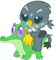 Size: 811x867 | Tagged: safe, artist:red4567, derpibooru import, gabby, gummy, gryphon, the fault in our cutie marks, baby, chick, chickub, cute, gabbybetes, griffons riding gators, image, pacifier, png, red4567 is trying to murder us, riding, weapons-grade cute, younger