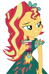 Size: 1721x2584 | Tagged: safe, artist:jongoji245, derpibooru import, sunset shimmer, equestria girls, legend of everfree, alternate hairstyle, beverage, clothes, crystal gala, cup, dress, raised eyebrow, simple background, smugset shimmer, solo, transparent background, vector