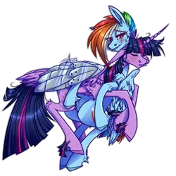 Size: 1280x1280 | Tagged: safe, artist:shimmering--sunlight, derpibooru import, rainbow dash, twilight sparkle, twilight sparkle (alicorn), alicorn, pony, alternate timeline, amputee, apocalypse dash, augmented, blushing, crystal war timeline, female, hug, lesbian, prosthetic limb, prosthetic wing, prosthetics, shipping, simple background, transparent background, twidash, unshorn fetlocks