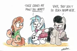 Size: 2351x1552 | Tagged: safe, artist:bobthedalek, derpibooru import, octavia melody, vinyl scratch, oc, earth pony, pony, unicorn, angry, black friday, clothes, dialogue, open mouth, scarf, shirt, shopping basket, simple background, sitting, traditional art, white background