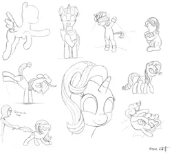 Size: 769x682 | Tagged: suggestive, artist:dopeedit, derpibooru import, applejack, fluttershy, pinkie pie, rarity, starlight glimmer, twilight sparkle, human, pegasus, pony, bipedal, black and white, blank flank, blindfold, bondage, book, bucking, dialogue, eyes closed, filthy frank, floppy ears, flying, grayscale, hat, horn ring, hug, kicking, monochrome, open mouth, pink guy, reading, signature, simple background, sitting, sketch, sketch dump, smiling, spread wings, tail hug, underhoof, white background