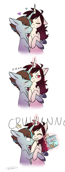 Size: 1415x3736 | Tagged: safe, artist:doekitty, derpibooru import, oc, oc:cobalt, oc:hazel, unofficial characters only, pony, unicorn, comic, cookie, ear piercing, earring, eyes closed, female, floppy ears, food, glowing horn, heart, hug, jewelry, levitation, looking away, magic, male, mare, oc x oc, piercing, shipping, simple background, sleeping, smiling, stallion, straight, telekinesis, white background, zzz