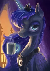 Size: 1240x1754 | Tagged: safe, artist:plainoasis, derpibooru import, princess luna, bust, coffee mug, frown, lidded eyes, magic, portrait, sleepy, solo, telekinesis