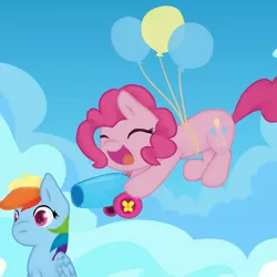Size: 1000x1000 | Tagged: artist:ttkitty441, balloon, cloud, derpibooru import, miniature, party cannon, pinkie pie, rainbow dash, safe, then watch her balloons lift her up to the sky, this will end in death and/or a party