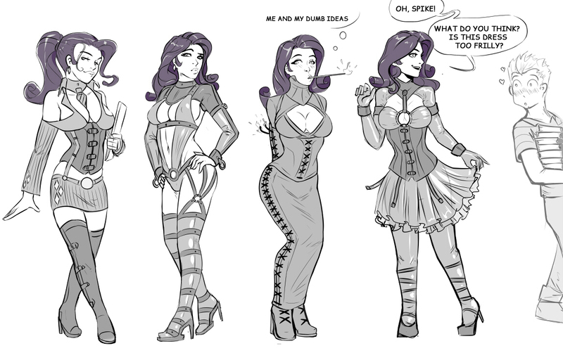 Size: 1148x720 | Tagged: absolute cleavage, arm behind back, armbinder, artist:saneperson, belly button, blushing, bondage, boob window, boots, breasts, busty rarity, cleavage, clothes, corset, cuffs (clothes), derpibooru import, dialogue, dress, female, frilly dress, hands behind back, heart, high heels, human, humanized, magic wand, miniskirt, monochrome, ponytail, posture collar, rarity, self bondage, skirt, skirt lift, socks, speech, spike, striped socks, suggestive, thigh boots, thigh highs