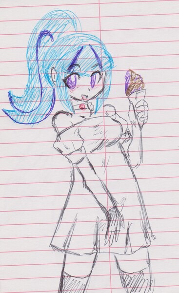 Size: 1252x2046 | Tagged: safe, artist:orochivanus, derpibooru import, sonata dusk, equestria girls, blushing, clothes, dress, food, ice cream, lined paper, off shoulder, socks, solo, thigh highs, traditional art