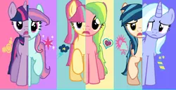 Size: 1412x723 | Tagged: safe, artist:diana173076, derpibooru import, indigo zap, lemon zest, sci-twi, sour sweet, sugarcoat, sunny flare, twilight sparkle, ponified, pony, equestria girls, alternate hairstyle, crystal prep shadowbolts, equestria girls ponified, shadow six, swapped cutie marks, what my cutie mark is telling me