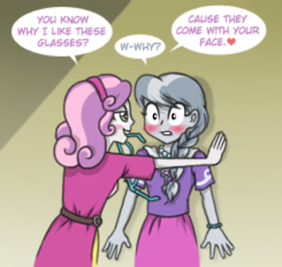 Size: 400x379 | Tagged: safe, artist:crydius, derpibooru import, silver spoon, sweetie belle, equestria girls, blouse, blushing, bracelet, braid, clothes, dress, female, flirting, glasses, jewelry, kabedon, lesbian, mouth hold, necklace, pick up line, shipping, silverbelle, skirt, smooth as fuck