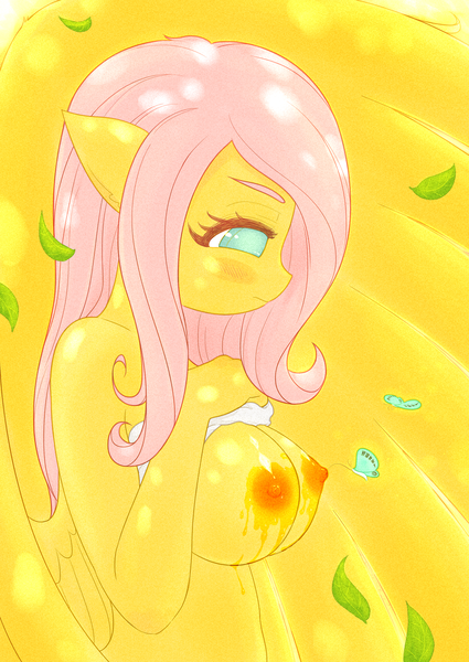 Size: 1791x2529 | Tagged: alternative lactation, anthro, artist:sigpi, blushing, breasts, busty fluttershy, butterfly, clothes, derpibooru import, feeding, female, fluttershy, interspecies, leaves, nectar, nipples, nudity, proboscis, questionable, shirt, shirt lift, size difference, solo, solo female, suckling