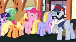 Size: 1100x618 | Tagged: safe, derpibooru import, screencap, all aboard, applejack, cloud kicker, pinkie pie, twilight sparkle, twinkleshine, pony, just for sidekicks, female, mare, plot