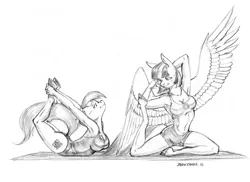 Size: 1500x1090 | Tagged: anthro, armpits, artist:baron engel, backbend, blossomforth, breasts, busty blossomforth, busty nurse redheart, cleavage, clothes, derpibooru import, duo, duo female, female, flexible, grayscale, leotard, looking at each other, monochrome, nurse redheart, one-piece swimsuit, pencil drawing, simple background, sketch, stretching, suggestive, swimsuit, traditional art, unguligrade anthro, unshorn fetlocks, white background
