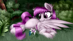 Size: 2560x1440 | Tagged: safe, artist:aurelleah, derpibooru import, oc, oc:stardust, unofficial characters only, butterfly, pegasus, pony, blank flank, bush, chest fluff, cute, ear fluff, eyes on the prize, flower, fluffy, forest, grass, messy mane, nature, nom, preening, prone, smiling, solo, spread wings, tree, wing fluff, wing noms