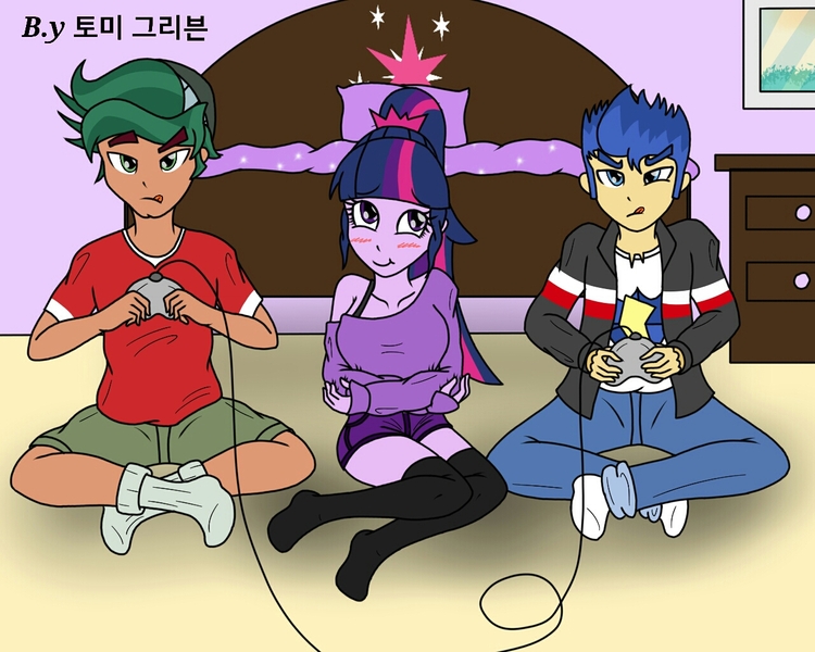 Size: 1280x1024 | Tagged: safe, artist:ajrrhvk12, derpibooru import, flash sentry, sci-twi, timber spruce, twilight sparkle, equestria girls, legend of everfree, bed, blushing, controller, flashlight, hangul, korean, male, missing shoes, ot3, sciflash, scitimberflash, shipping, straight, timberflashlight, timbertwi, video game