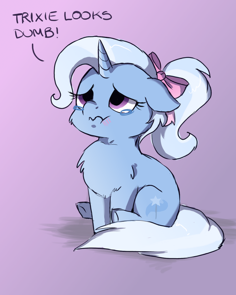 Size: 1200x1500 | Tagged: safe, artist:buttersprinkle, derpibooru import, trixie, pony, unicorn, :t, alternate hairstyle, blatant lies, blushing, bow, buttersprinkle is trying to murder us, chest fluff, crying, cute, dialogue, diatrixes, female, floppy ears, fluffy, gradient background, hair bow, i'm not cute, looking up, mane bow, mare, ponytail, sad, self loathing, sitting, solo, third person, underhoof, wavy mouth