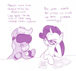 Size: 1179x1100 | Tagged: safe, artist:dstears, derpibooru import, applejack, rarity, earth pony, pony, unicorn, dialogue, eyeshadow, female, freckles, glasses, keep talking and nobody explodes, lidded eyes, makeup, manual, mare, monochrome, open mouth, paper, raised eyebrow, sweat, virtual reality