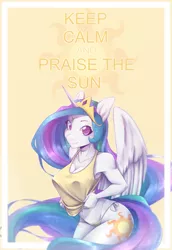 Size: 2891x4200 | Tagged: suggestive, artist:suelix, derpibooru import, princess celestia, alicorn, anthro, adorasexy, both cutie marks, breasts, busty princess celestia, crown, cute, cutie mark, female, image, jewelry, keep calm, looking at you, multicolored mane, multicolored tail, png, praise the sun, purple eyes, regalia, royalty, sexy, smiling, solo, solo female, sparkles, stupid sexy celestia, tiara, wings
