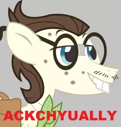 Size: 722x760 | Tagged: safe, derpibooru import, gizmo, pony, acne, bowtie, bucktooth, caption, facial hair, glasses, gray background, lisp, male, moustache, nerd, simple background, solo, stallion