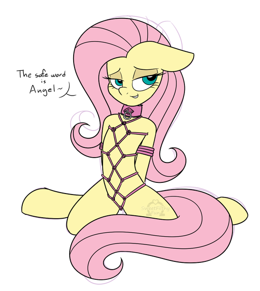 Size: 1070x1195 | Tagged: adorasexy, artist:sweetfilthyfun, bdsm, bedroom eyes, bondage, bound, collar, cute, cute porn, derpibooru import, female, floppy ears, fluttershy, happy bondage, kneeling, questionable, rope, semi-anthro, sexy, shibari, solo, solo female