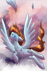 Size: 1000x1500 | Tagged: safe, artist:oliverthepanda, derpibooru import, oc, oc:sorren, unofficial characters only, pegasus, pony, falling, feather, jewelry, looking up, necklace, peaceful, solo, wings