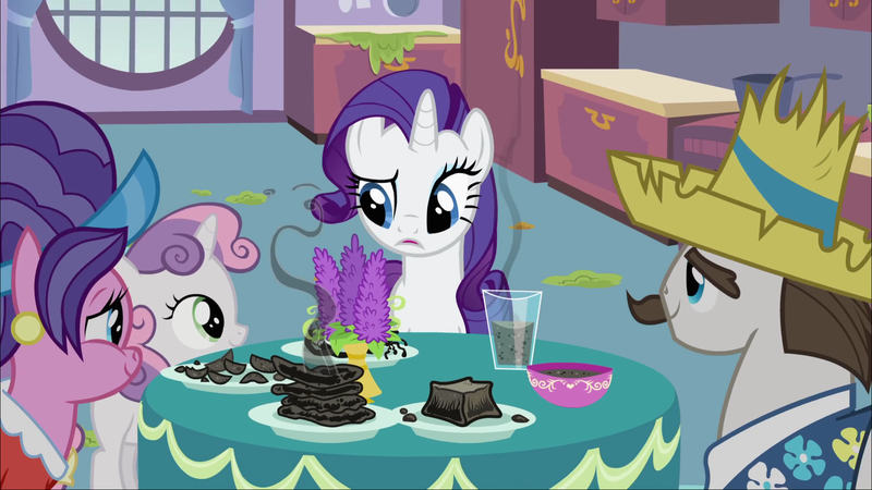 Size: 1920x1080 | Tagged: safe, derpibooru import, screencap, cookie crumbles, hondo flanks, rarity, sweetie belle, pony, sisterhooves social, breakfast, burnt, burnt juice, cookieflanks, food, raised eyebrow, rarity looking at food, rarity's parents