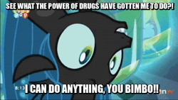 Size: 400x225 | Tagged: adoracreepy, animated, changeling, changeling queen, cocaine is a hell of a drug, creepy, cute, cutealis, derpibooru import, drugs, drugs are bad mmmkay?, edit, edited screencap, female, gif, he-man and the masters of the universe, image macro, insult, joel, meme, princess cadance, queen chrysalis, queen twistalis, safe, screencap, shadow the hedgehog (game), skeletor, tiny pop, to where and back again, vinesauce, vulgar
