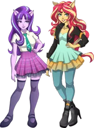 Size: 900x1230 | Tagged: safe, artist:sparks220stars, derpibooru import, starlight glimmer, sunset shimmer, equestria girls, boots, breasts, busty starlight glimmer, busty sunset shimmer, clothes, crossed legs, cute, duo, equestria girls-ified, female, high heel boots, high heels, jacket, leather jacket, lipstick, looking at you, mary janes, necktie, pants, plaid, pleated skirt, ponied up, pony ears, shoes, skirt, stockings