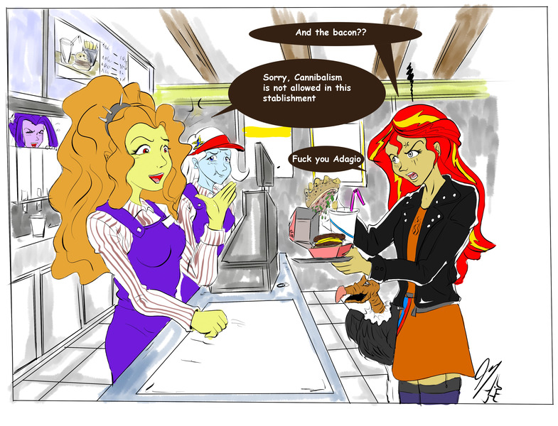 Size: 4608x3520 | Tagged: safe, artist:piojote, derpibooru import, adagio dazzle, aria blaze, sunset shimmer, trixie, turkey, equestria girls, absurd resolution, bacon hair, burger, clothes, dialogue, fast food, food, hamburger, open mouth, sandwich, signature, speech bubble, vulgar