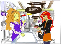 Size: 4608x3520 | Tagged: safe, artist:piojote, derpibooru import, adagio dazzle, aria blaze, sunset shimmer, trixie, turkey, equestria girls, absurd resolution, bacon hair, burger, clothes, dialogue, fast food, food, hamburger, open mouth, sandwich, signature, speech bubble, vulgar