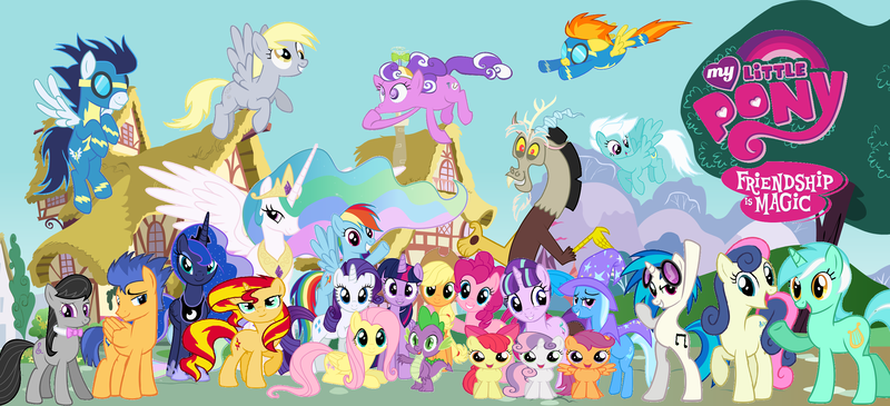 Size: 2533x1157 | Tagged: safe, artist:dutchatlantic13, derpibooru import, apple bloom, applejack, bon bon, derpy hooves, discord, flash sentry, fleetfoot, fluttershy, lyra heartstrings, octavia melody, pinkie pie, princess celestia, princess luna, rainbow dash, rarity, scootaloo, screwball, soarin', spike, spitfire, starlight glimmer, sunset shimmer, sweetie belle, sweetie drops, trixie, twilight sparkle, twilight sparkle (alicorn), vinyl scratch, alicorn, pony, unicorn, cutie mark crusaders, mane seven, mane six, wall of tags, wrong aspect ratio