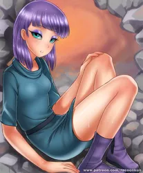 Size: 800x968 | Tagged: artist:racoonsan, boots, clothes, derpibooru import, dress, female, human, humanized, legs, lidded eyes, looking at you, maud pie, safe, sauna, sexy, sitting, skirt, skirt lift, solo, stupid sexy maud pie, sweat, thighs