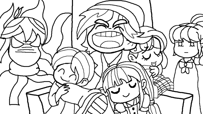 Size: 1024x576 | Tagged: safe, derpibooru import, diwata aino, normal norman, orange sherbette, sophisticata, starlight, velvet sky, equestria girls, background human, lineart, scott pilgrim vs the world, simple background, transparent background