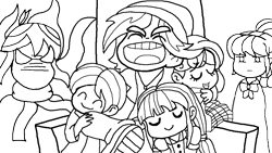 Size: 1024x576 | Tagged: safe, derpibooru import, diwata aino, normal norman, orange sherbette, sophisticata, starlight, velvet sky, equestria girls, background human, lineart, scott pilgrim vs the world, simple background, transparent background