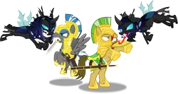 Size: 6101x3253 | Tagged: safe, artist:vector-brony, derpibooru import, oc, oc:cloud zapper, unofficial characters only, changeling, earth pony, pegasus, pony, armor, changeling guard, changeling oc, changeling officer, fangs, fight, long tongue, royal guard, simple background, sword, tongue out, transparent background, vector, weapon