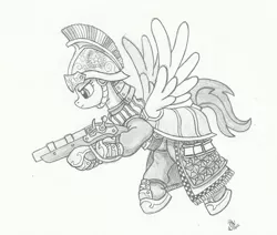 Size: 800x677 | Tagged: safe, artist:sensko, derpibooru import, pegasus, pony, armor, dragoon, female, flintlock, flying, grayscale, guardsmare, gun, mare, monochrome, pencil drawing, royal guard, simple background, soldier, solo, traditional art, twilight's royal guard, weapon, white background