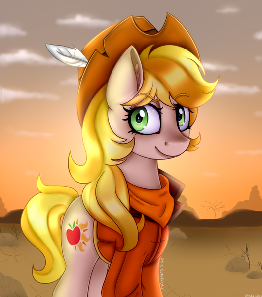 Size: 772x872 | Tagged: safe, artist:starsymphonystela, derpibooru import, oc, oc:applesunrise, unofficial characters only, clothes, desert, hat, solo, sunrise, western