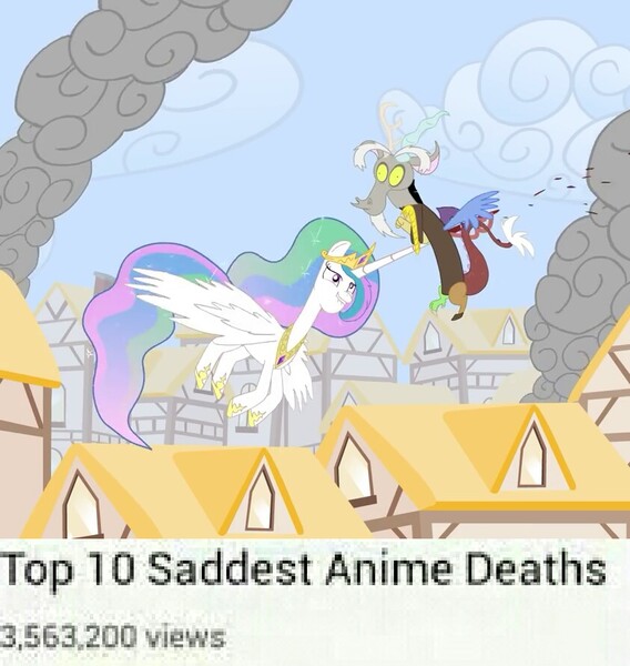 Size: 843x890 | Tagged: semi-grimdark, artist:piemations, derpibooru import, discord, princess celestia, friendship is violence, blood, impalement, lip bite, meme, top 10 anime list parody, watchmojo.com