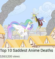 Size: 843x890 | Tagged: semi-grimdark, artist:piemations, derpibooru import, discord, princess celestia, friendship is violence, blood, impalement, lip bite, meme, top 10 anime list parody, watchmojo.com