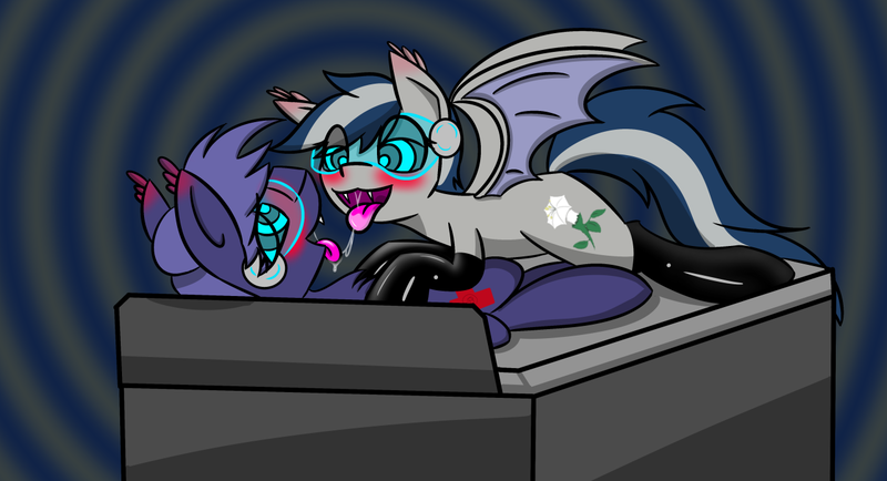 Size: 1280x694 | Tagged: questionable, artist:askhypnoswirl, derpibooru import, oc, oc:daturea eventide, oc:shaddie quindecim, unofficial characters only, bat pony, pony, blushing, drool, drool string, hypnogear, hypnosis, latex, lying down, male, straight, tech control