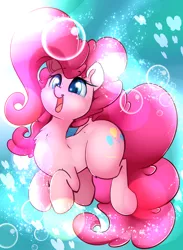 Size: 2200x3000 | Tagged: safe, artist:madacon, derpibooru import, pinkie pie, butterfly, earth pony, pony, chest fluff, color porn, crepuscular rays, cute, diapinkes, female, happy, lens flare, mare, open mouth, smiling, solo