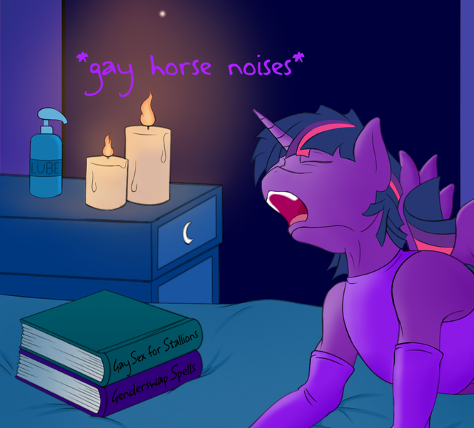 Size: 1511x1366 | Tagged: ahegao, alicorn, anthro, arm warmers, artist:drakxs, bare chest, bed, bedroom, book, candle, clothes, cropcon, cropped, dark, derpibooru import, descriptive noise, dock, dusk shine, edit, evening gloves, eyes closed, femboy, from behind, gloves, grope, horse noises, implied anal, implied gay, implied sex, lotion, lube, male, meme, moaning, moon, night, no homo, not gay, open mouth, prince dusk, rule 63, short shirt, sissy, solo, solo male, spread wings, stallion, suggestive, twilight sparkle, twilight sparkle (alicorn), wingboner, wings