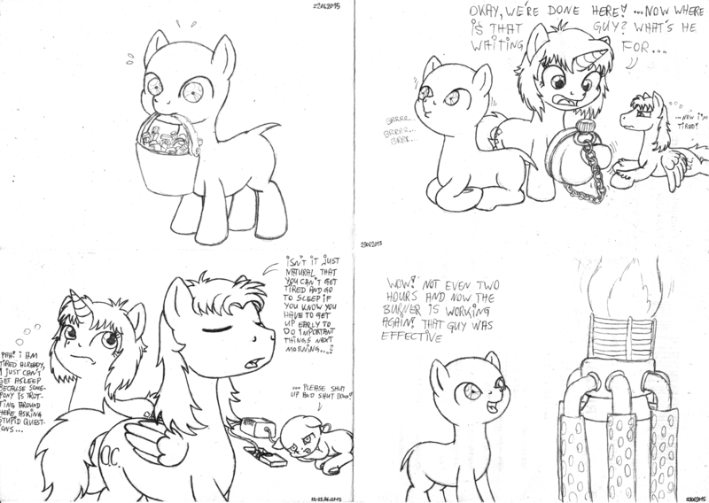 Size: 2330x1655 | Tagged: safe, artist:merkleythedrunken, derpibooru import, oc, oc:nudie, unofficial characters only, earth pony, pegasus, pony, unicorn, bald, bucket, hairless, monochrome, mouth hold, sketch, sketch dump