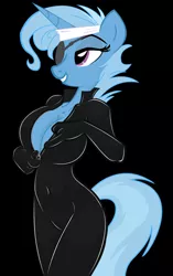 Size: 1204x1920 | Tagged: suggestive, artist:trollie trollenberg, artist:wolfnanaki, color edit, derpibooru import, edit, editor:vanchees, trixie, anthro, unicorn, bandage, bedroom eyes, belly button, black background, bodysuit, breasts, busty trixie, catsuit, cleavage, colored, eyepatch, female, future titsie, future trixie, latex, latex suit, simple background, skintight clothes, smiling, solo, solo female, unzipping