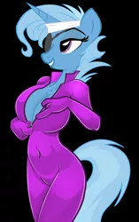 Size: 1204x1920 | Tagged: suggestive, artist:trollie trollenberg, artist:wolfnanaki, color edit, derpibooru import, edit, editor:vanchees, trixie, anthro, unicorn, bandage, bedroom eyes, belly button, black background, bodysuit, breasts, busty trixie, catsuit, cleavage, colored, eyepatch, female, future titsie, future trixie, latex, latex suit, pink, simple background, skintight clothes, solo, solo female, unzipping