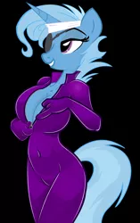 Size: 1204x1920 | Tagged: suggestive, artist:trollie trollenberg, artist:wolfnanaki, color edit, derpibooru import, edit, editor:vanchees, trixie, anthro, unicorn, bandage, bedroom eyes, belly button, black background, bodysuit, breasts, busty trixie, catsuit, cleavage, colored, eyepatch, female, future titsie, future trixie, latex, latex suit, purple, simple background, skintight clothes, solo, solo female, unzipping