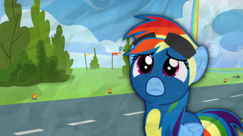 Size: 1920x1080 | Tagged: safe, artist:cloudbringerart, derpibooru import, rainbow dash, pegasus, pony, clothes, cloud, female, frown, goggles, mare, sad, solo, tree, vector, wallpaper, wonderbolts uniform