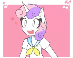 Size: 1192x958 | Tagged: anthro, artist:chametzkiwi, clothes, derpibooru import, heart, open mouth, safe, schoolgirl, solo, sweetie belle