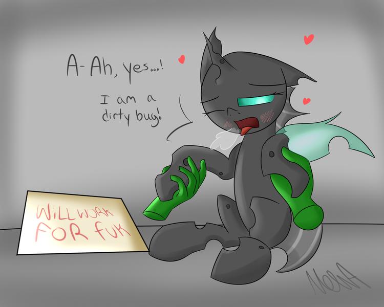 Size: 2000x1600 | Tagged: suggestive, artist:nevaylin, derpibooru import, changeling, blushing, dialogue, disembodied hand, female, fuk, hand, heart, holding hooves, huff, implied sex, one eye closed, prostitution, tongue out, vulgar, will x for y