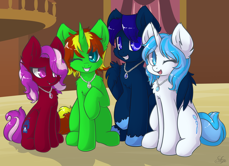 Size: 2484x1800 | Tagged: artist:sapphfyr, derpibooru import, jewelry, necklace, oc, oc:crystal, oc:midnight, oc:vlyka, oc:winter, raised hoof, safe, unofficial characters only