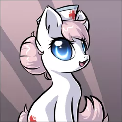 Size: 489x489 | Tagged: safe, artist:sapphfyr, derpibooru import, nurse redheart, earth pony, pony, cute, female, hair bun, hat, heartabetes, looking at you, mare, nurse hat, open mouth, simple background, sitting, solo